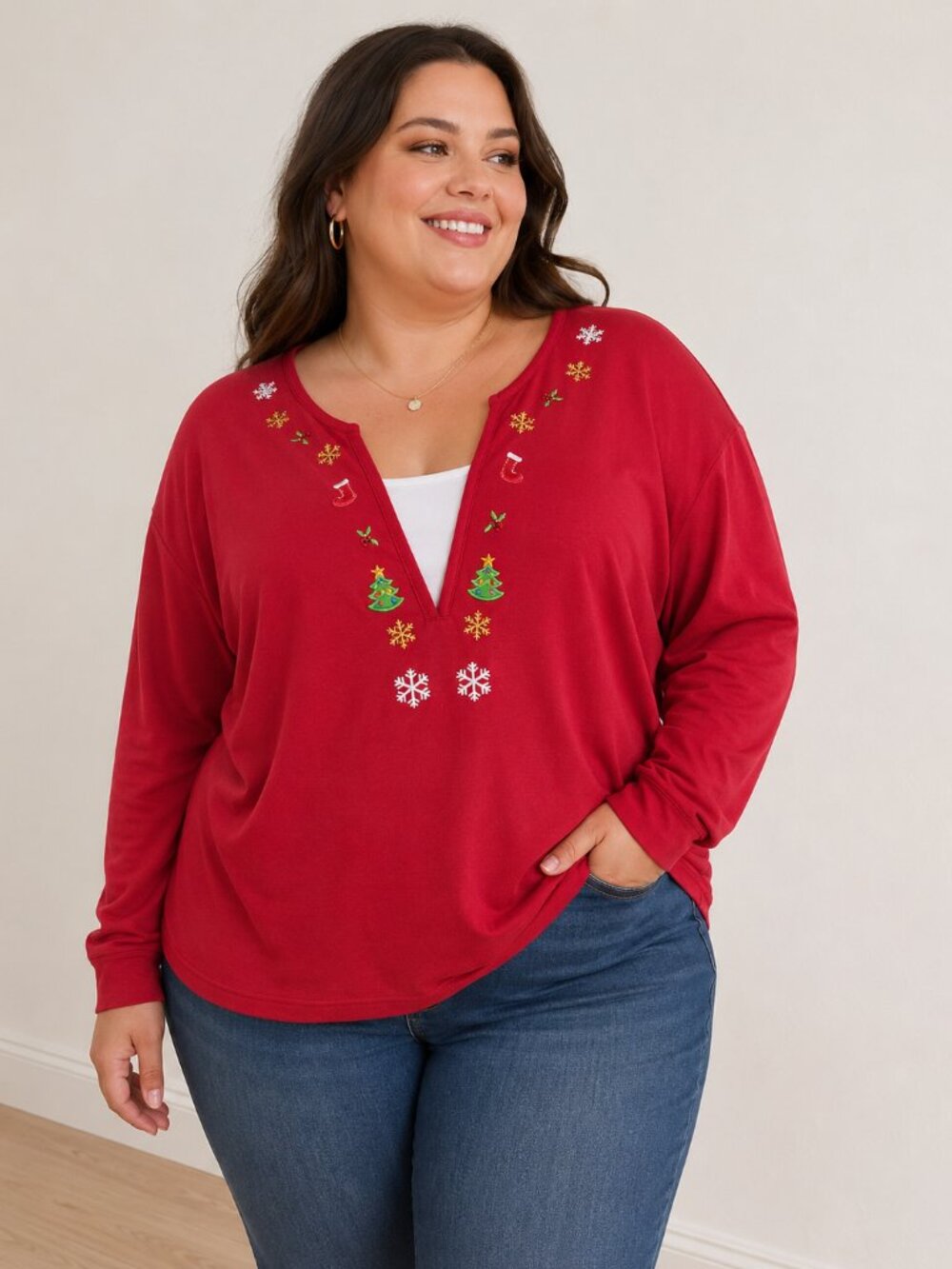 Liz & Me Christmas Holiday Festive Embroidered Top Plus Size 3X Red